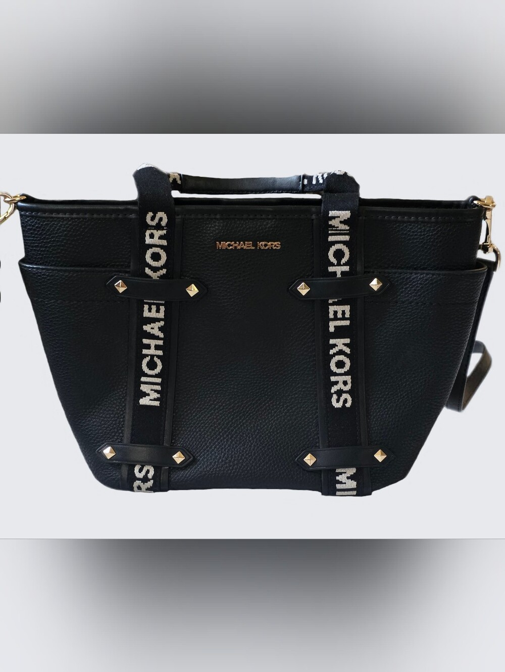 Michael Kors Black Logo Strap Pebbled Leather Tote